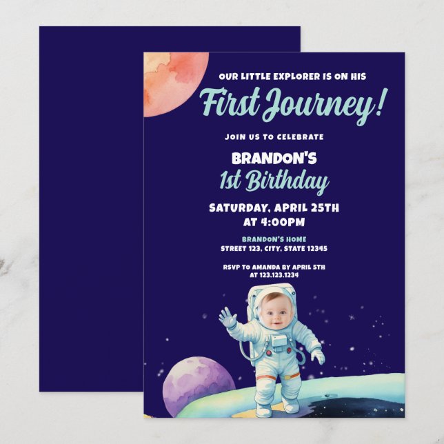 Invitación Astronauta azul acuarela foto primer cumpleaños (Anverso / Reverso)