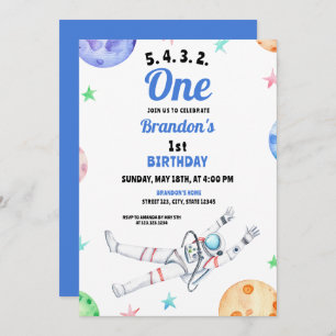 Invitación Astronauta azul acuarela Primer cumpleaños