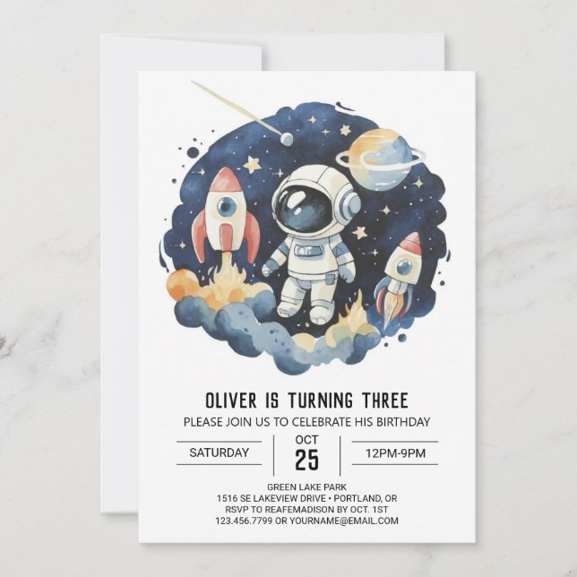 Invitación Astronauta azul cósmico lindo cumpleaños (Anverso)