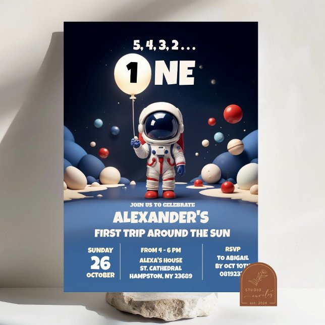 Invitación Astronauta Azul Cumpleaños Número Uno Niño Espacio (Subido por el creador)