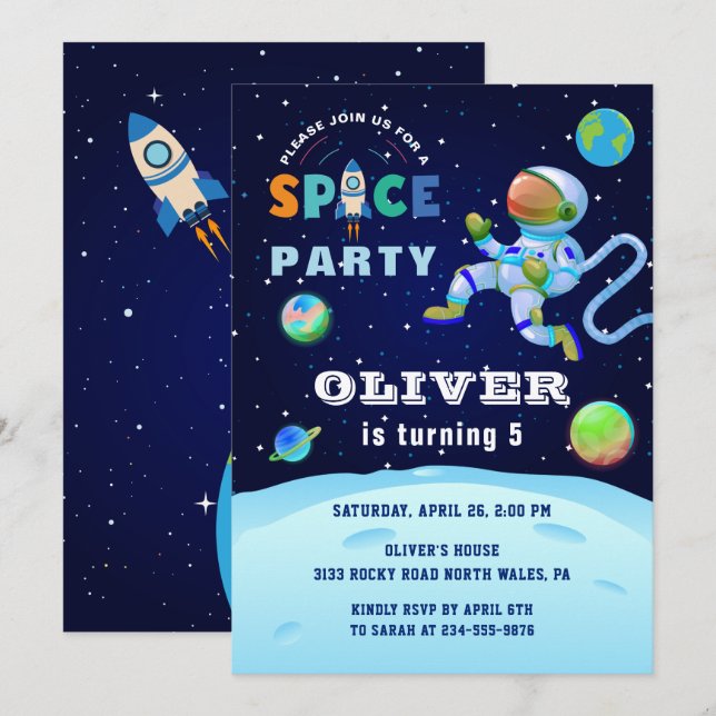 Invitación Astronauta Azul Galaxia Fiesta del Espacio Ultrate (Anverso / Reverso)