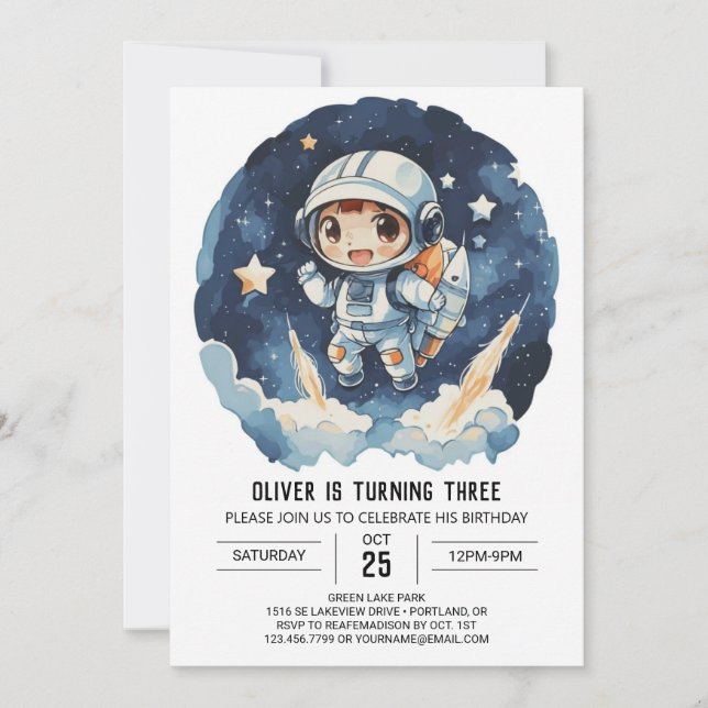 Invitación Astronauta Celestial moderna Cumpleaños (Anverso)