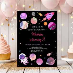 Invitación Astronauta Chica rosa Cumpleaños espacial
