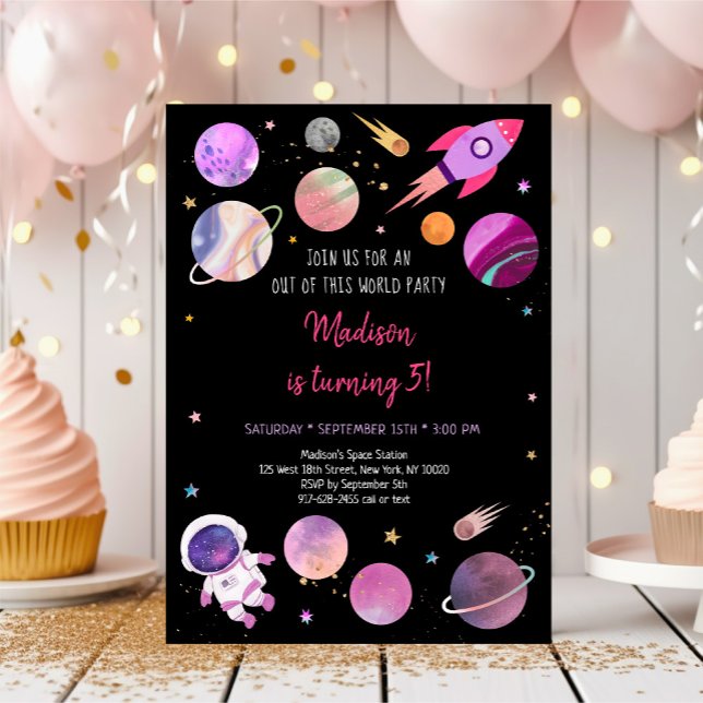 Invitación Astronauta Chica rosa Cumpleaños espacial (Subido por el creador)