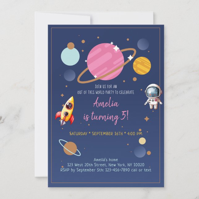 Invitación Astronauta Chica rosa en el espacio exterior Cumpl (Anverso)