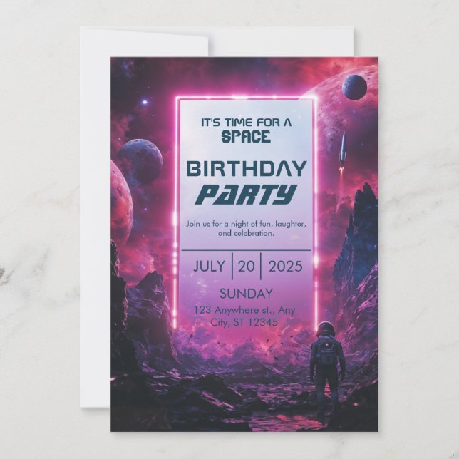 Invitación Astronauta Ciberpunk Neon Cumpleaños Espacial (Anverso)