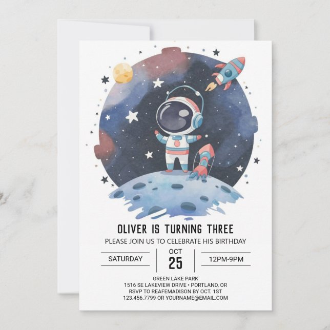 Invitación Astronauta cósmico Blue Boho Cumpleaños (Anverso)