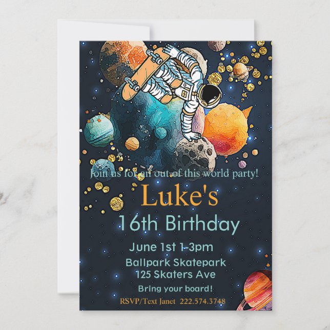 Invitación Astronauta Cumpleaños, Patineta Cumpleaños, Espaci (Anverso)