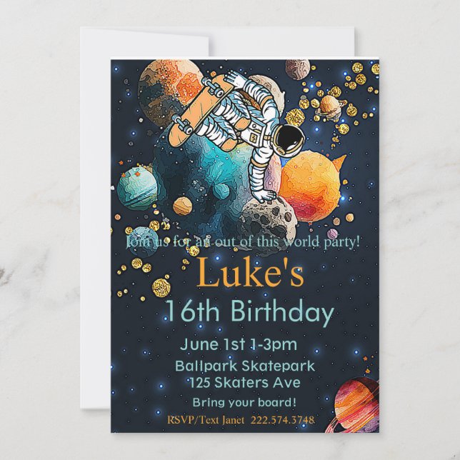 Invitación Astronauta Cumpleaños, Patineta Cumpleaños, Espaci (Anverso)