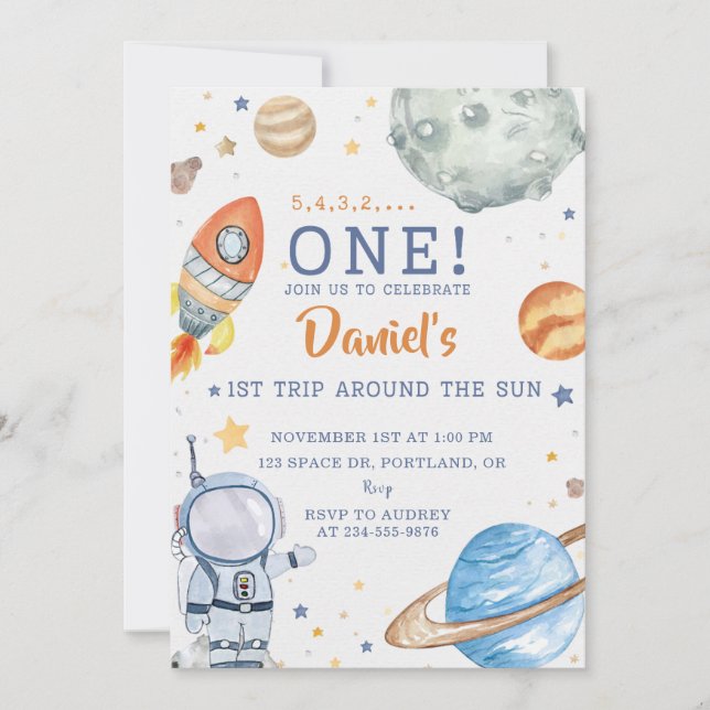 Invitación Astronauta de cumpleaños espacial 1er viaje alrede (Anverso)