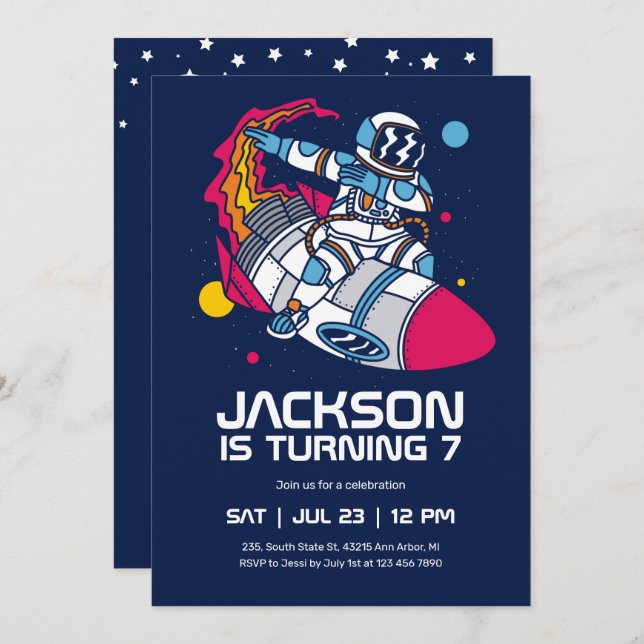 Invitación Astronauta de Dabbing Rocket Space Kids Cumpleaños (Anverso / Reverso)