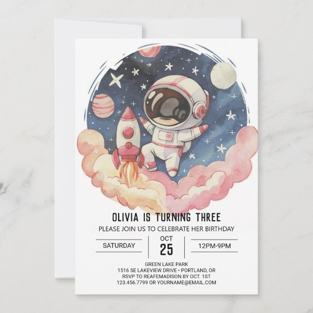 Invitación Astronauta de la elegancia de cometa cuta cumpleañ (Anverso)