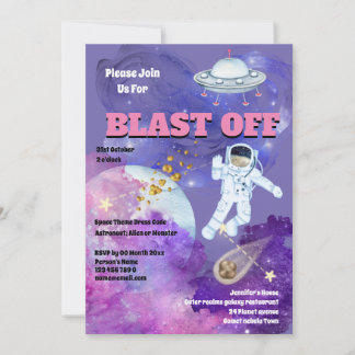Invitación Astronauta de nave espacial rosa púrpura chicas es