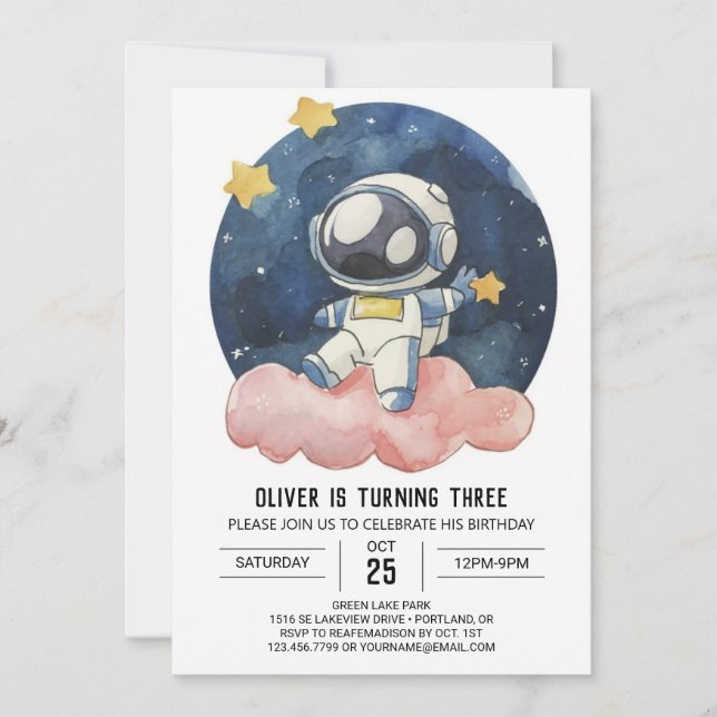 Invitación Astronauta de niños celestes pastorales cumpleaños (Anverso)