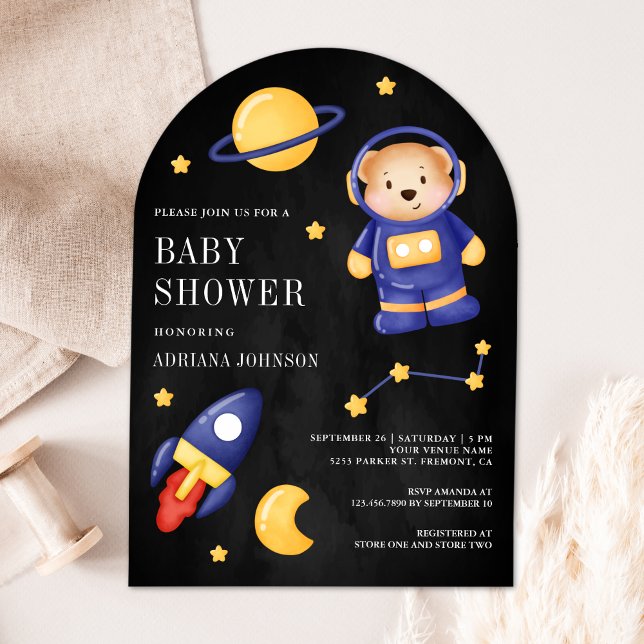 Invitación Astronauta de osito de peluche espacial Black Arch (Subido por el creador)