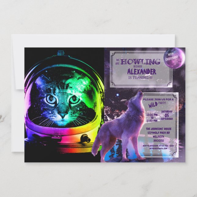 Invitación Astronauta de un gato colorido (Anverso)