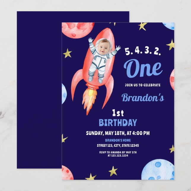 Invitación Astronauta del cohete espacial rojo acuarela Prime (Anverso / Reverso)