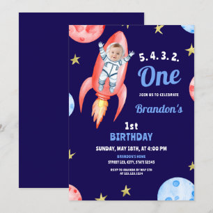 Invitación Astronauta del cohete espacial rojo acuarela Prime