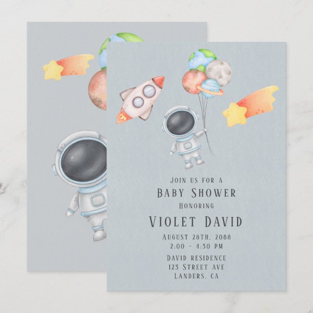 Invitación Astronauta del espacio acuático Baby Shower (Anverso / Reverso)