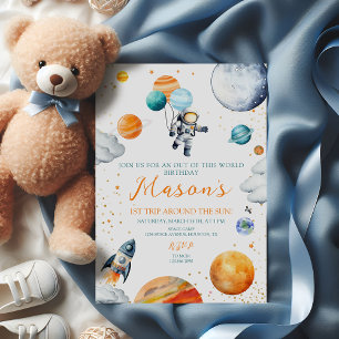 Invitación Astronauta del espacio en acuarela cumpleaños 1