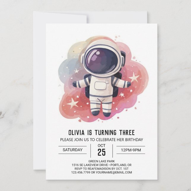 Invitación Astronauta del Explorador de acuarela cósmica (Anverso)