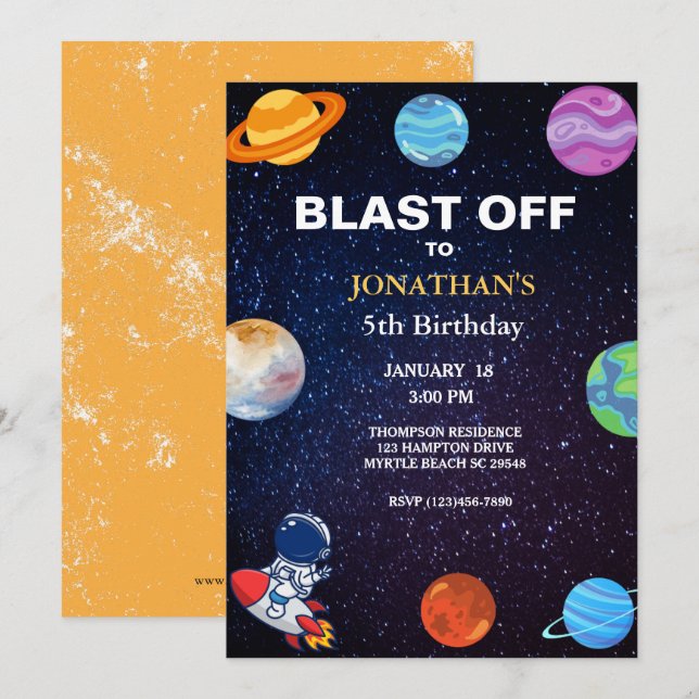 Invitación Astronauta detona fiesta de cumpleaños de los niño (Anverso / Reverso)