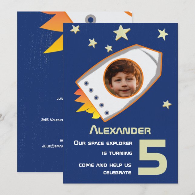 Invitación Astronauta espacial Cute Photo Birday Party (Anverso / Reverso)