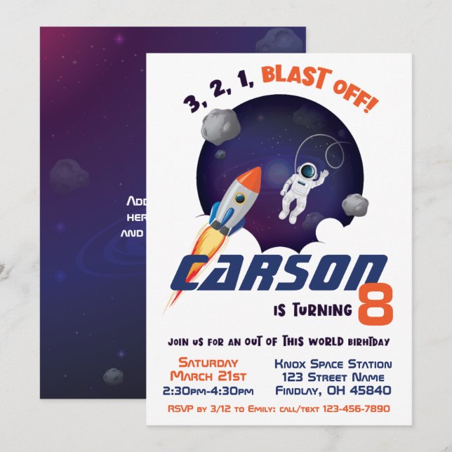 Invitación Astronauta espacial fuera de este cumpleaños mundi (Anverso / Reverso)