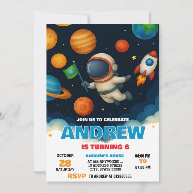 Invitación Astronauta espacial personalizado moderna Cumpleañ (Anverso)