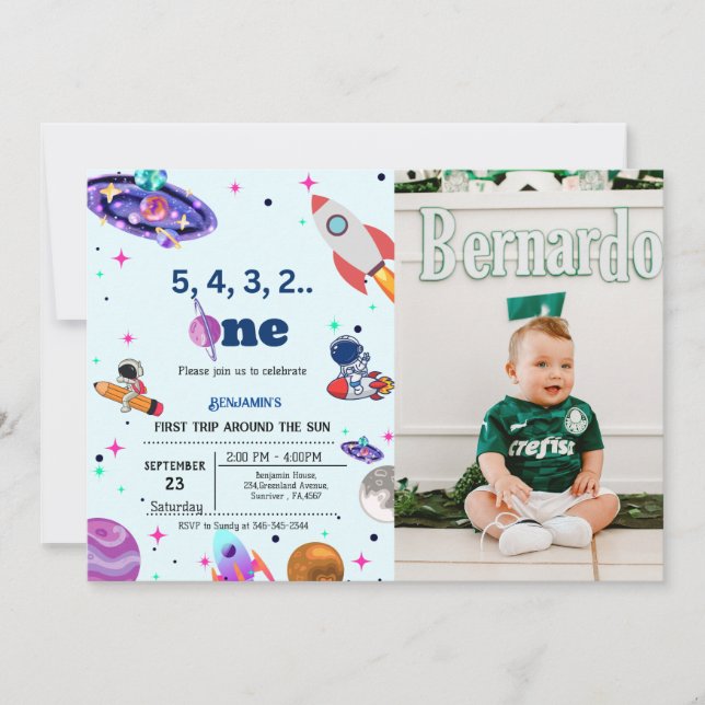 Invitación Astronauta Espacio primer viaje alrededor del cump (Anverso)