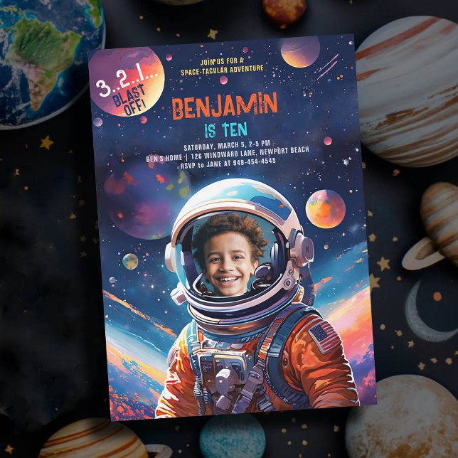 Invitación Astronauta Espacio Profundo Planetas Sky Foto Cump (photo astronaut birthday party invitation boy deep space planets stars sky watercolor unique)