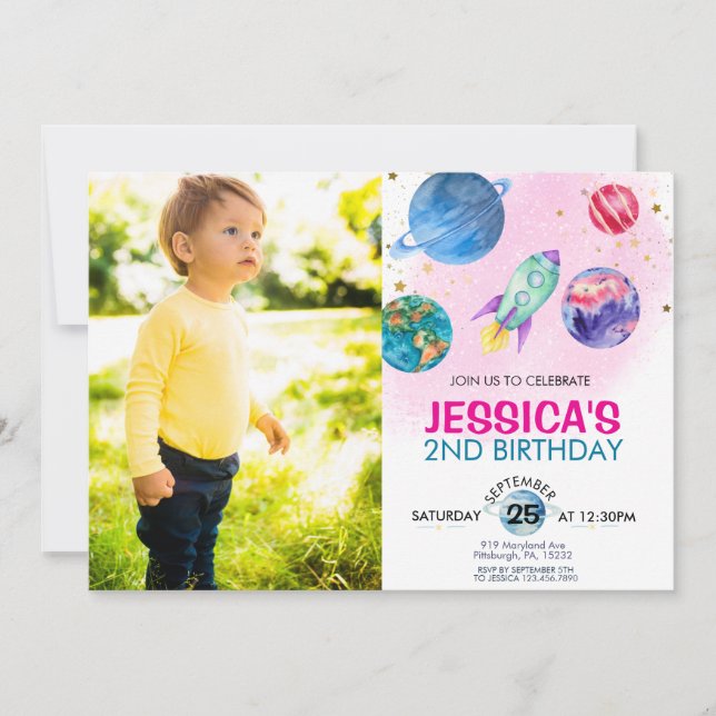 Invitación Astronauta Fiesta Chica rosa lindo cumpleaños (Anverso)