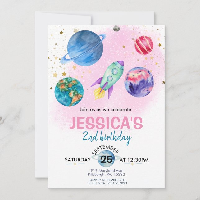 Invitación Astronauta Fiesta Chica rosa lindo cumpleaños (Anverso)