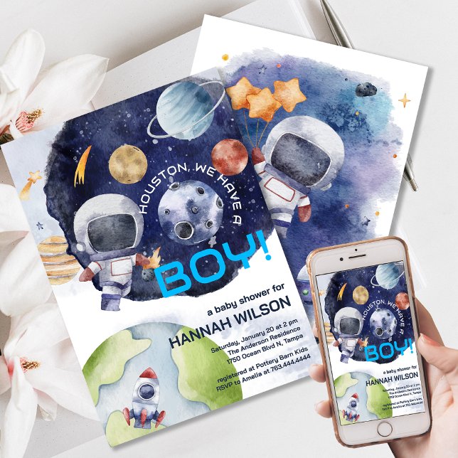 Invitación Astronauta Houston Tenemos Un Niño Baby Shower (Astronaut Houston We Have A Boy Baby Shower Invitation)
