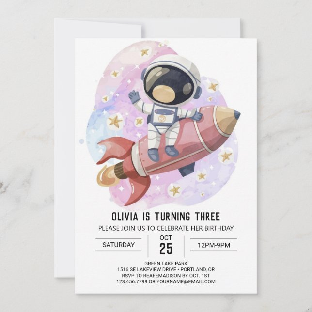 Invitación Astronauta moderna de Odisea Rosa (Anverso)