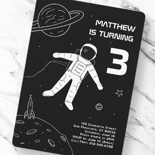 Invitación Astronauta moderna en blanco y negro Cumpleaños