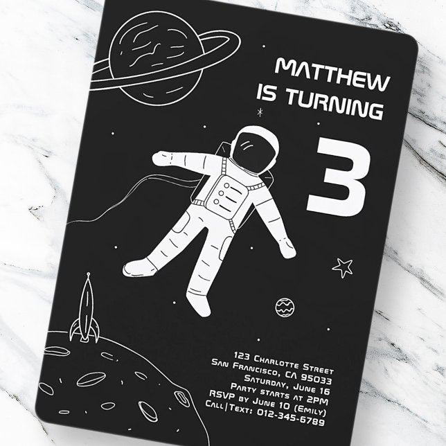 Invitación Astronauta moderna en blanco y negro Cumpleaños (Subido por el creador)