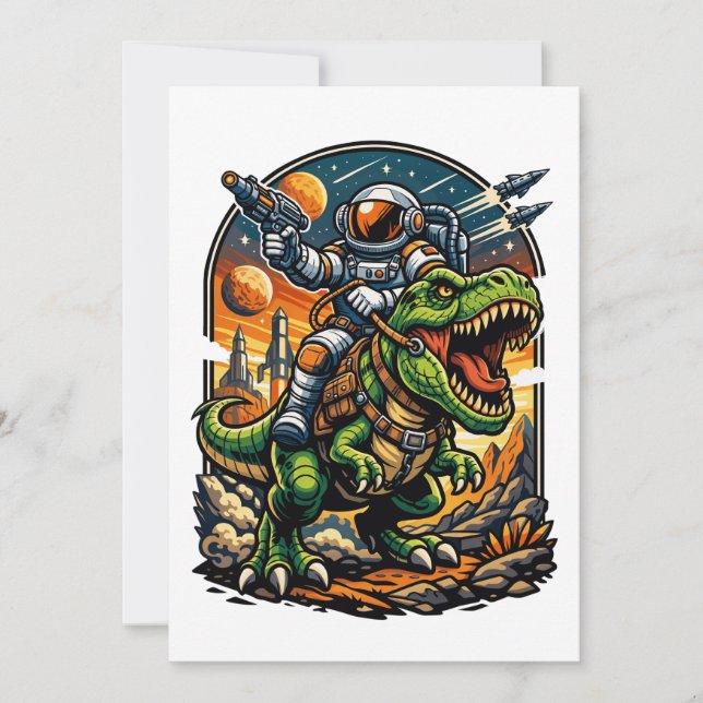 Invitación Astronauta montando un T-Rex – Dinosaurio Espacial (Anverso)