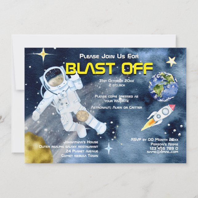 Invitación Astronauta nave espacial planetas OVNI fiestas adu (Anverso)