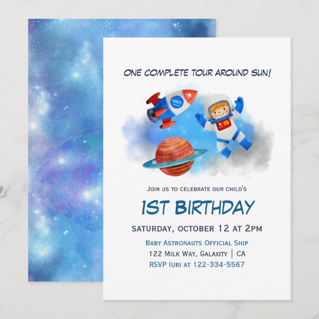 Invitación Astronauta Niño Nacido Primer Cumpleaños (Anverso / Reverso)