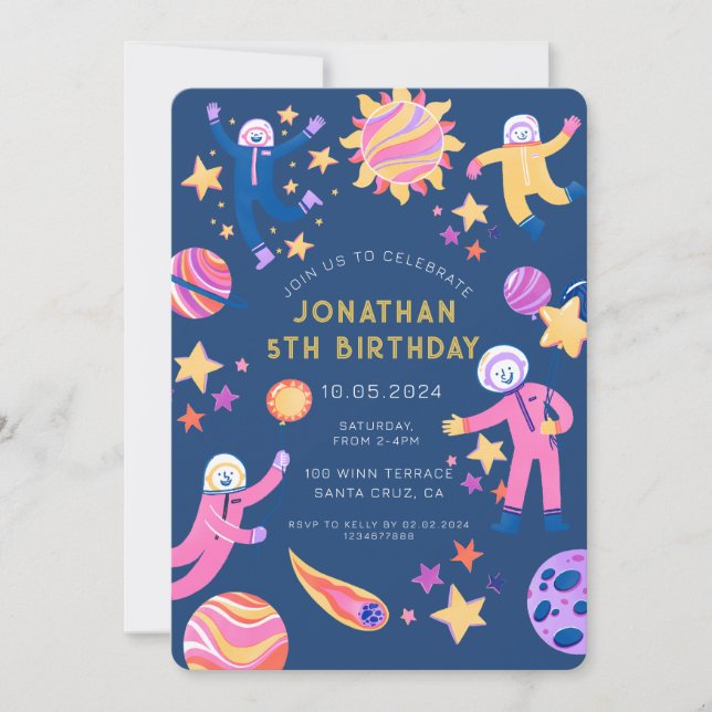 Invitación Astronauta planetas espacio niño cumpleaños (Anverso)