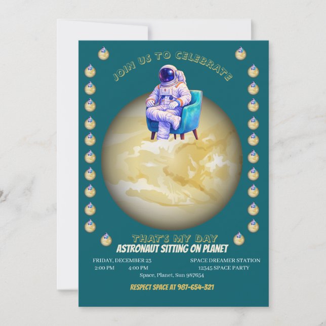 Invitación Astronauta Relajado Sentado en el Planeta (Anverso)