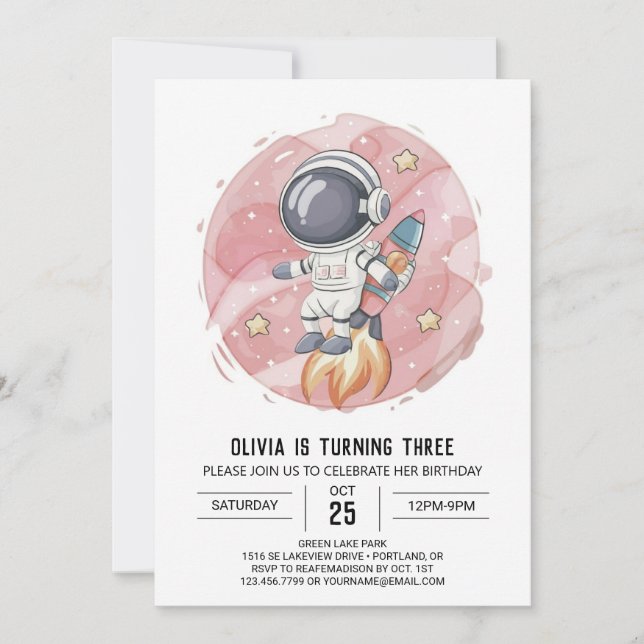 Invitación Astronauta rosa de viaje moderno cumpleaños (Anverso)