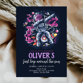 Invitación Astronauta sobre un cohete espacial con estrellas