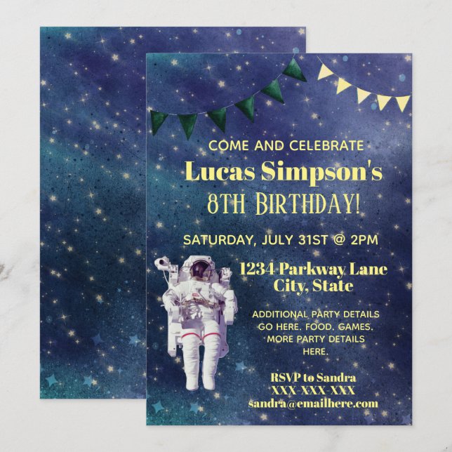 Invitación Astronauta Space Kid's Stars Galaxy Birthday (Anverso / Reverso)
