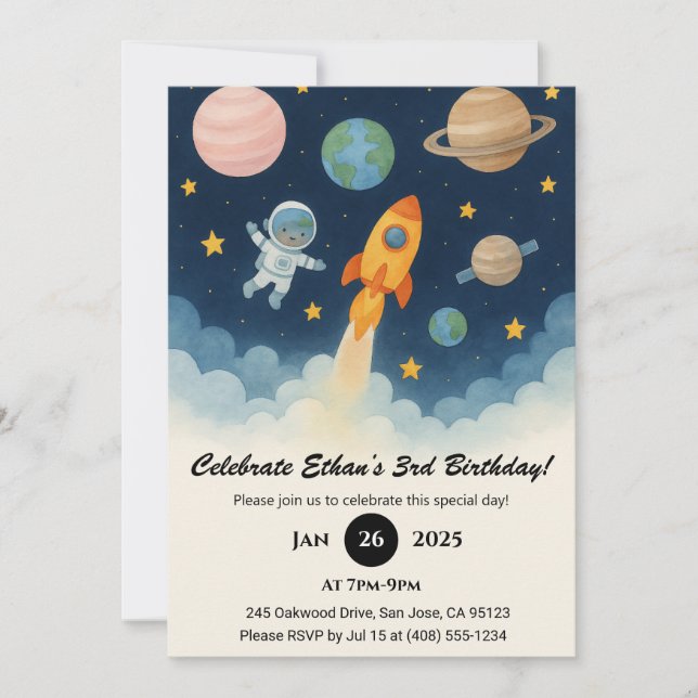 Invitación Astronauta y aventura con cohetes en cumpleaños es (Anverso)