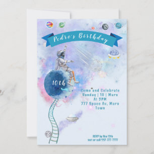 Invitación Astronautas acuarelas y cumpleaños espacial