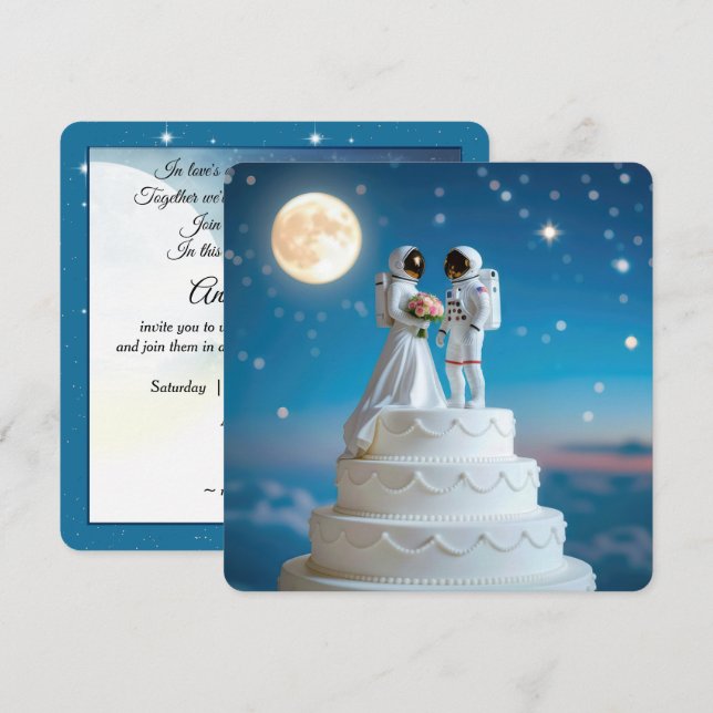 Invitación Astronautas novios y novios en una torta Boda (Anverso / Reverso)