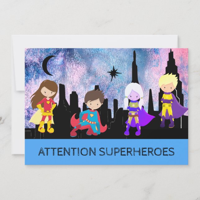 Invitación *~* Astuto y caprichoso SUPERHEROS Niños Fiesta de (Anverso)
