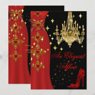 Invitación Asunto Elegante Vestido Rojo Candil de Oro Cumplea